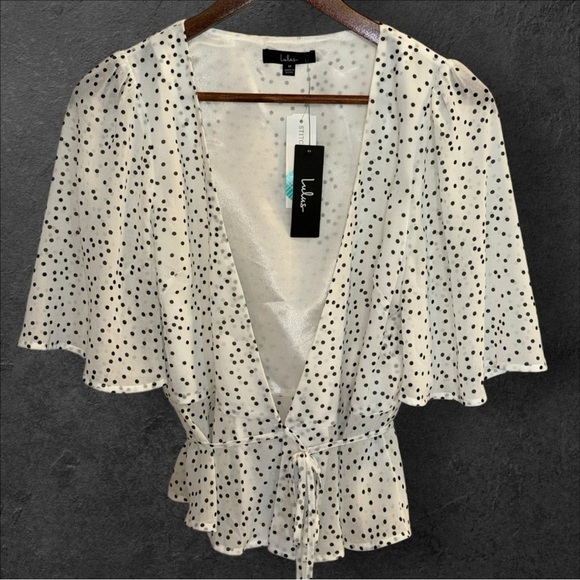 Lulus Destini Polka Dot Wrap Blouse Size Medium NWT - Picture 3 of 11